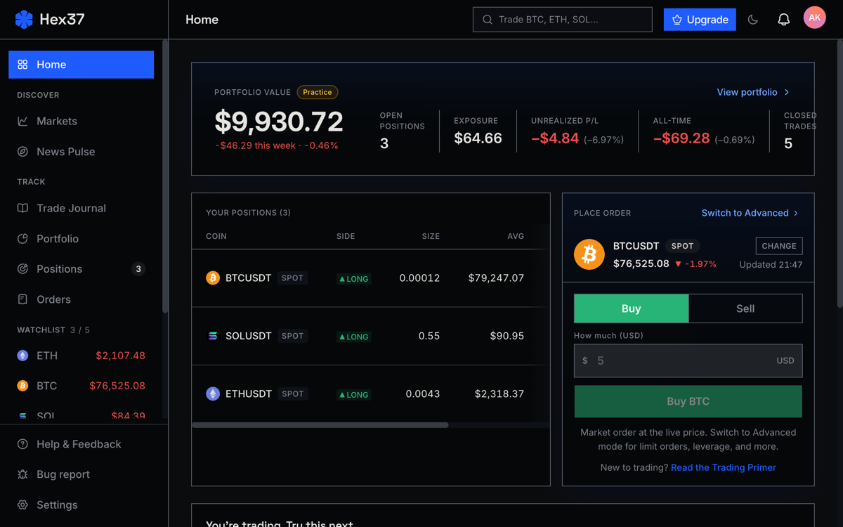 Dashboard preview with portfolio value, open positions, watchlist, and order form