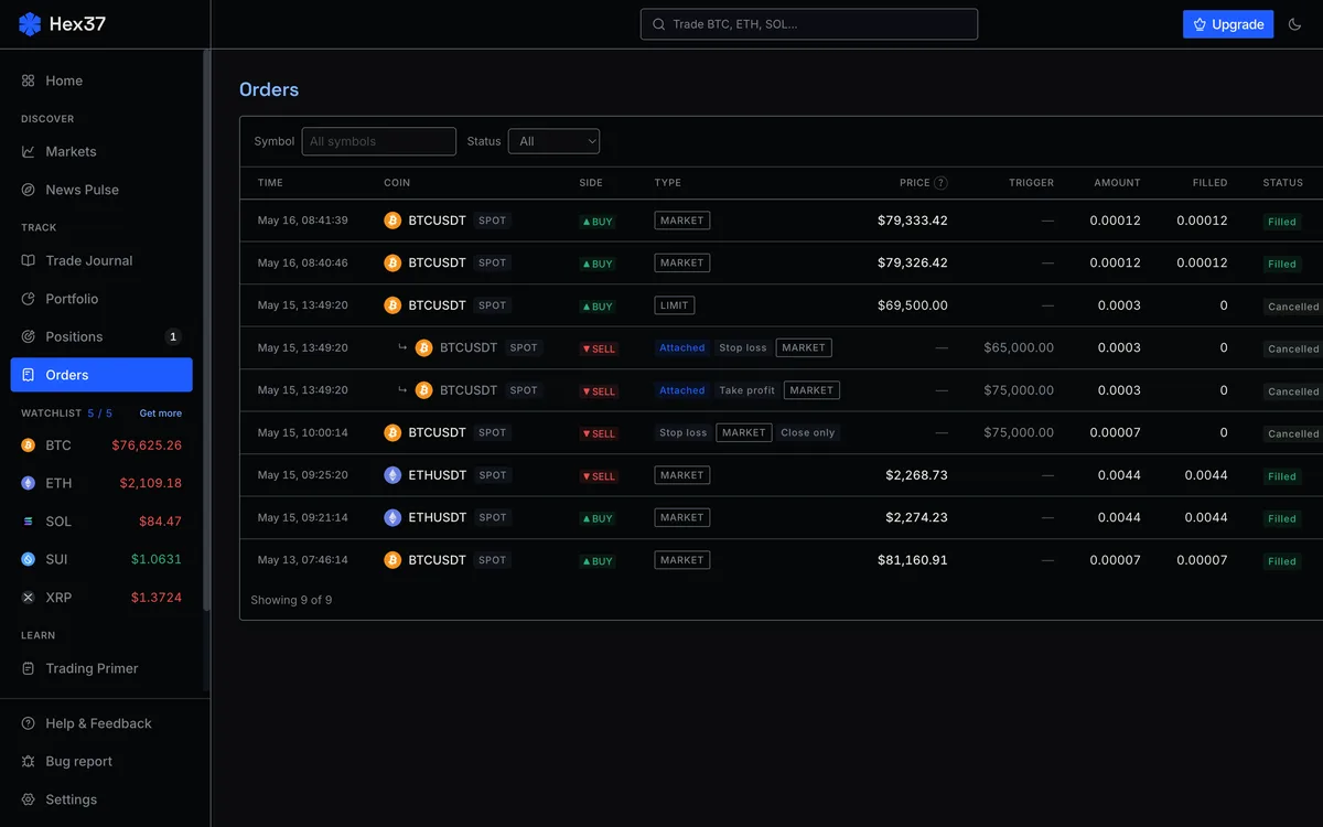Bottom rail with Orders, Positions, and Trades tabs showing live status across instruments